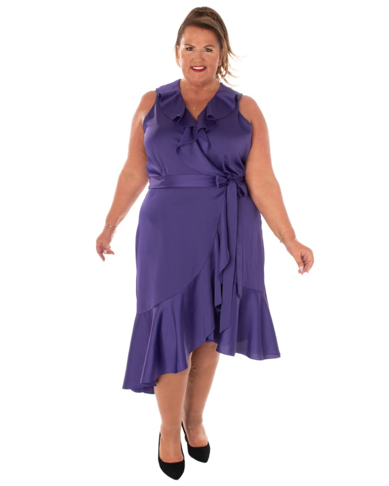 Front of a model wearing a size 16W SATIN BACK CREPE FULLY LINED DRESS W/SELF SASH in ROYAL PURPLE by Taylor Dress. | dia_product_style_image_id:319758